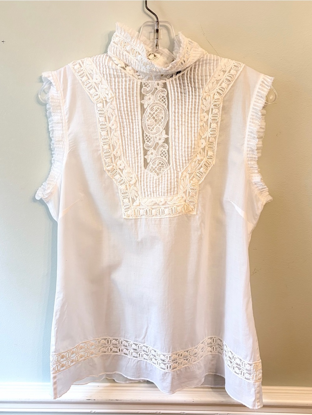 Hale Bob White Sheer 100% Cotton Top Lace Ruffles Sleeveless SZ L Romantic Boho